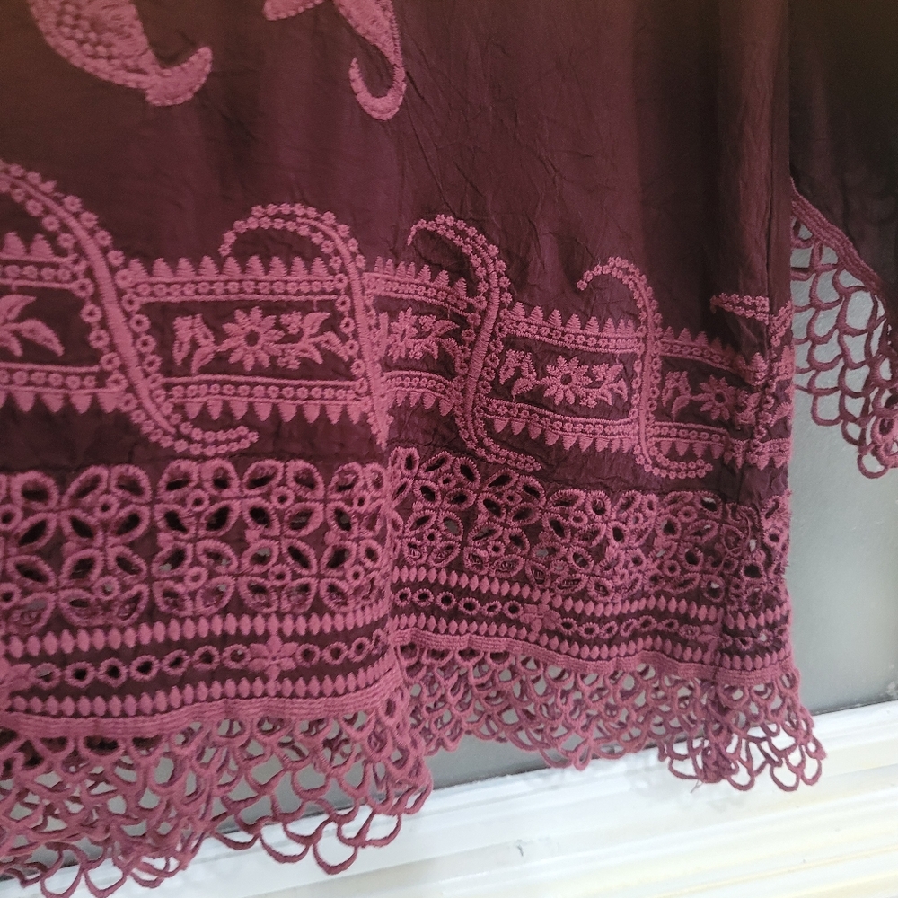 Johnny Was Embroidered V-Neck Top - Burgundy - Picture 5 of 14